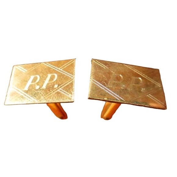 Vintage MCM Cufflinks Set ENGRAVED MONOGRAM  "P.P." initials MID CENTURY - Picture 1 of 4